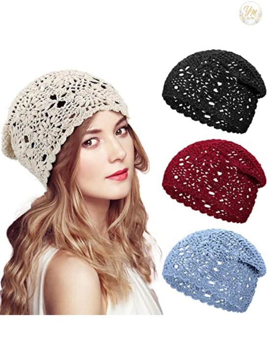 4 Pack Crochet Slouchy Beanie Hats, Knit Floral Cutout Polyester, Summer Fall